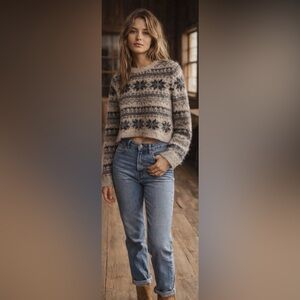 Free People one FP Fuzzy Sweater Small Cropped Nordic Snowflake Cozy Boho Cabin